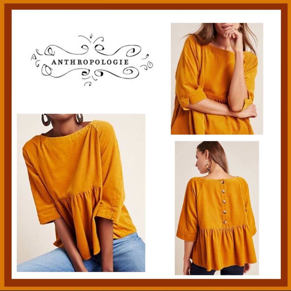 Anthropologie Corduroy Peplum Babydoll Button Back Top Sz S